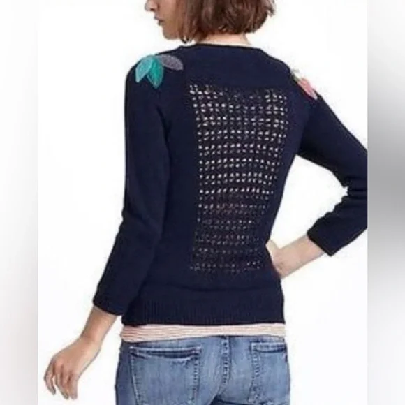 Anthropologie Mona Mabel navy cardigan with mixed media floral appliqués - Picture 3 of 16